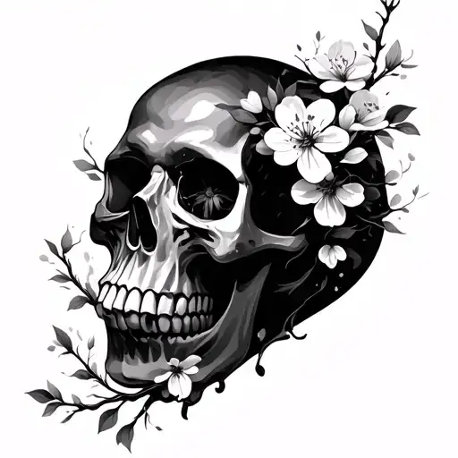 Skull Fading Away Femine Cherry Blossoms