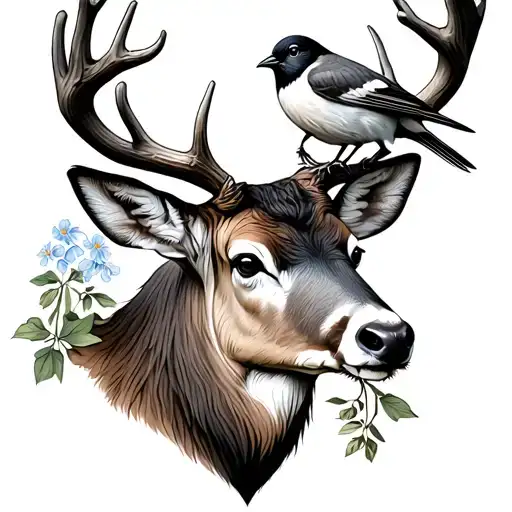 Buck Head With Little Bird On Its Antler And The Bird Is Holding Forget Me Nots In Its Beak