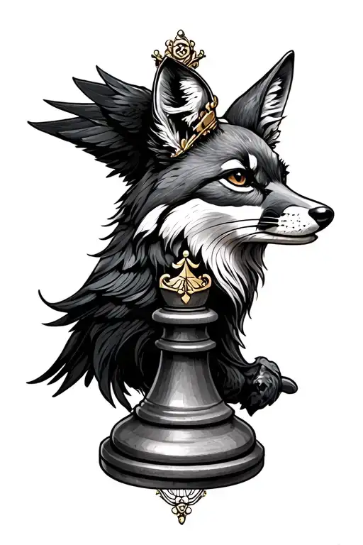 Queen Chess Piece Incorporating A Fox And A Raven