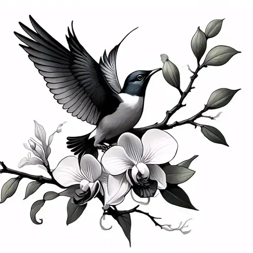 Orchid Branch With Pehonix Bird Flying