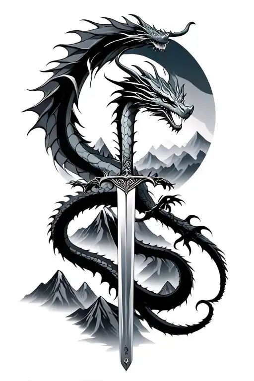 Dragon Over Mountains With A Sword Intertwined