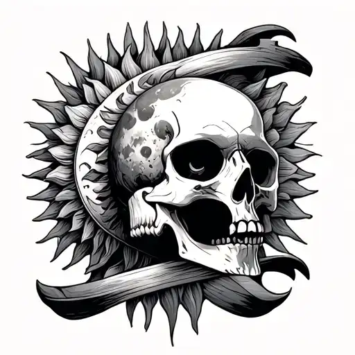 Skull With Its Mouth And A Sun Where The Eyes Are With A Moon Underneath Following It