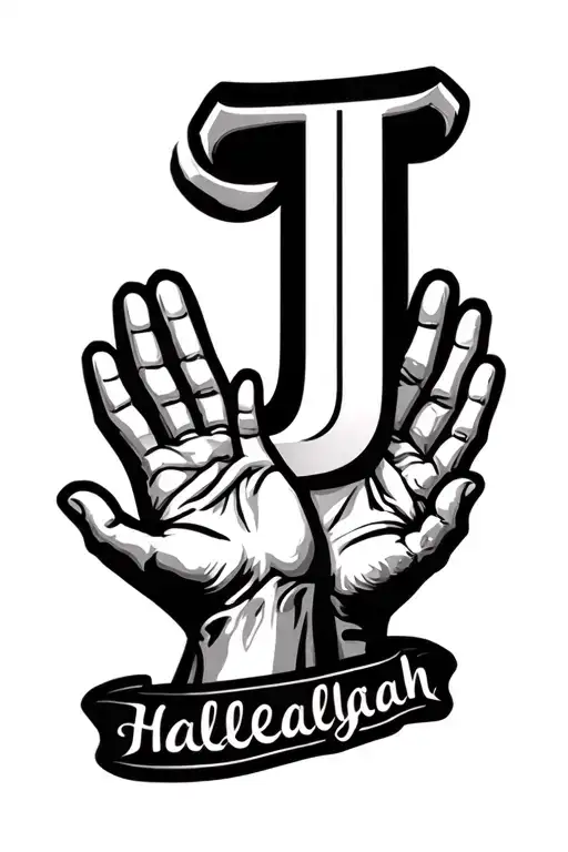 Letters P And J Together Aymbolizing Praise Jesus With Hallelujah Underneath And Raised Hands