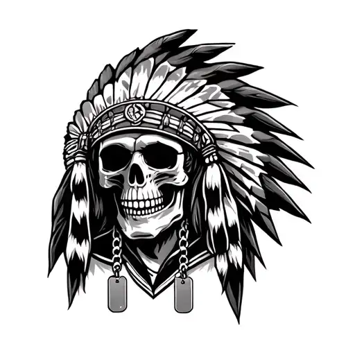 Skull Wearing Indian Headdress And Dog Tags Hanging And A Letterman's Jacket