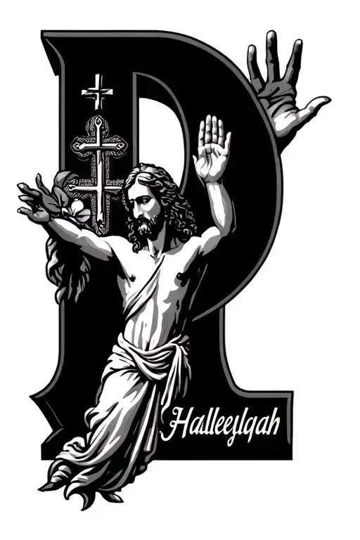 P And J Symbolizing Praise Jesus With Hallelujah Underneath And Raised Hands