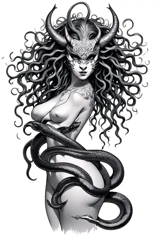 Medusa Goddess With Oni Mask And Snakes Wrapped