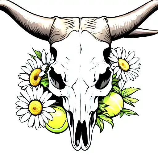 Longhorn Skull With Daisy Flowers And Tennis Ball