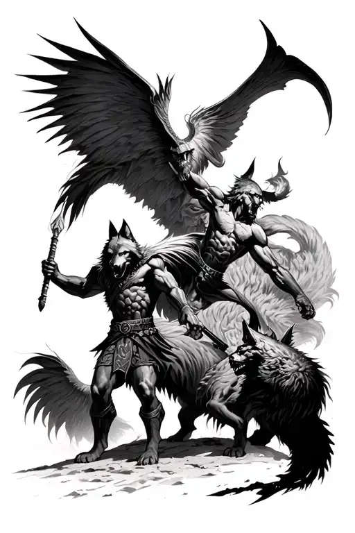 Spartan Warrior Battling Demons With A Wolf Surrounded