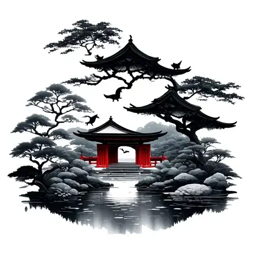 An Intricate Black And Grey Design Of A Serene Japanese Garden With Hidden Cat Silhouettes