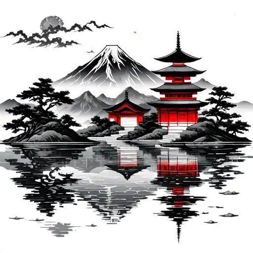 Japense Temple And Mountain Lake Scene
