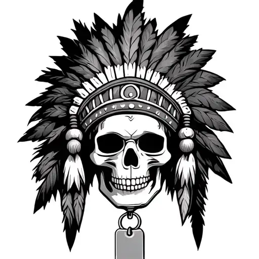 Skull Wearing Indian Headdress And Dog Tags Hanging
