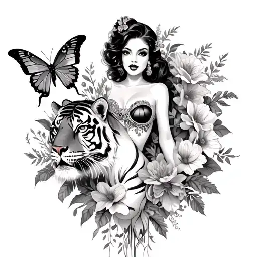 Pinup Girl In Flowers With Tiger And Butterfly