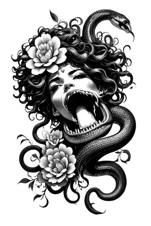African American Medusa With Flowers And Snake Coming Out Of Mouth