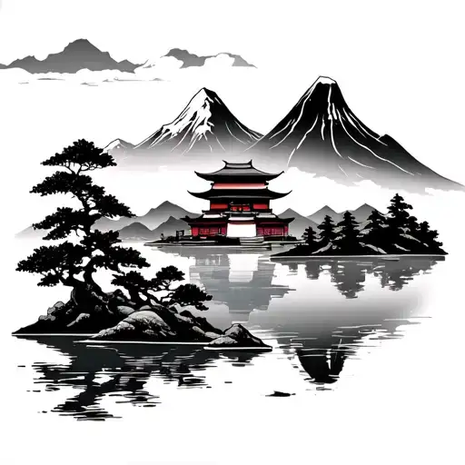 Japense Temple And Mountain Lake Scene