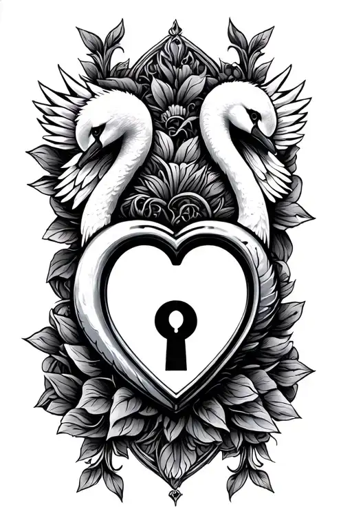 Swans In Heart Shaped Lock Black And White