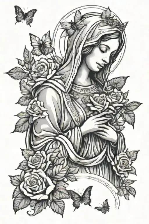 Virgin Mary Holding Roses And Surrounded By Flowers And Butterflies