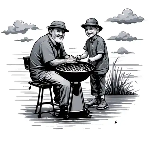 Grandpa And Grandson On Grill With Lake And Clouds