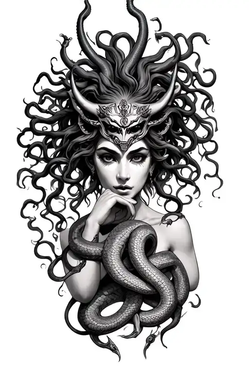Medusa Goddess With Oni Mask And Snakes