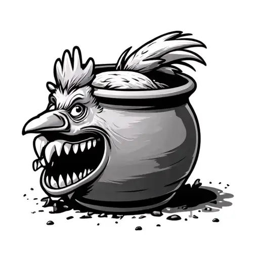 Cartoon Chicken Head Coming Out From A Big Clay Jar Showing His Grilled Ice Teeth