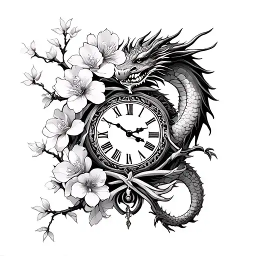 Clock And Cherry Blossom And Letter C And Dragon