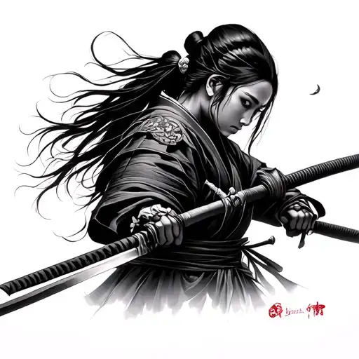 Female Samurai Turned Backwards With Katana Swords Drawn