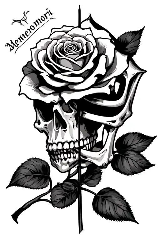 Half Dead Half Alive Skeleton With A Dead And Alive Rose With The Words Memento Mori
