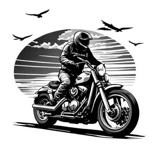 Motorbike Riding Into Sunset On Highway With Eagle In The Sky Above It