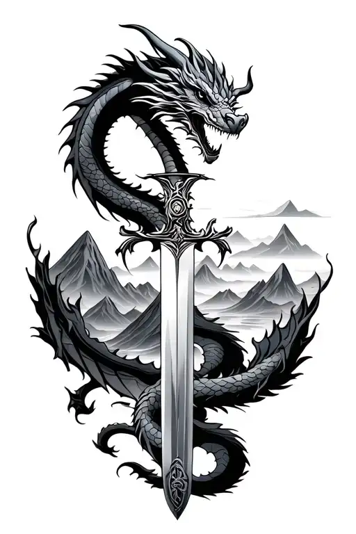 Dragon Over Mountains With A Sword Intertwined Feminine