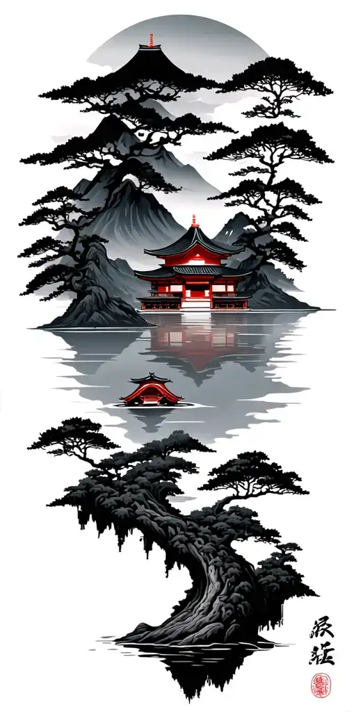 Japanese Mountain Lake And Temple Scenery Tattoo Design Featuring