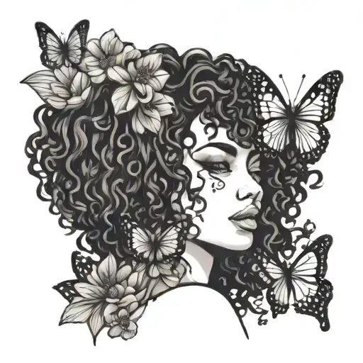 Outline Of Woman With Curly Hair Looking Towards The Left With Butterflies And Lotus Flower