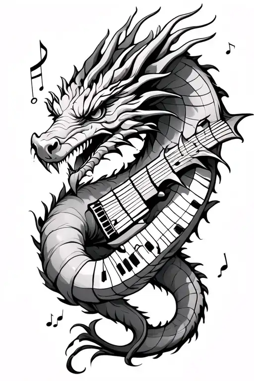 Sleek Dragon Tattoo Wrapped Loosly Down Arm With Music Notes And Paino Keys Incorporated