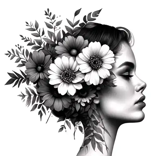 Female Face Side Profile With Flowers Covering Half Face