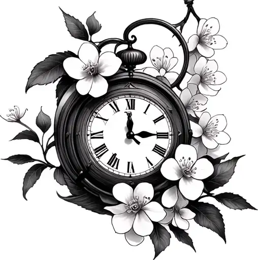 Clock And Cherry Blossom And Letter C