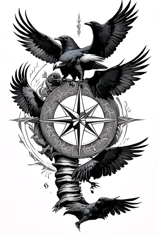 Elegant Spine Tattoo With A Compass Rose In The Centre And Ravens Flying Along The
