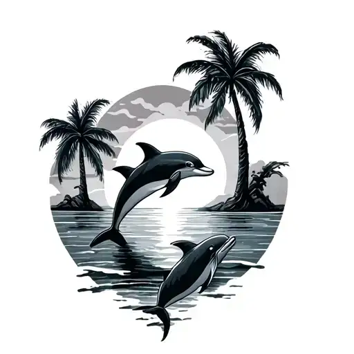 Sunset Over The Ocean With Dolphins And Palm Trees
