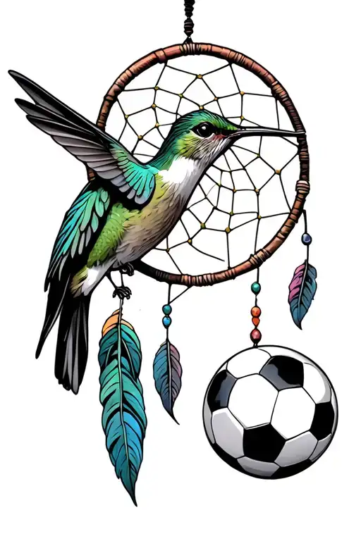 Hummingbird Carrying Dreamcatcher In It's Feet Underneath A Soccer
