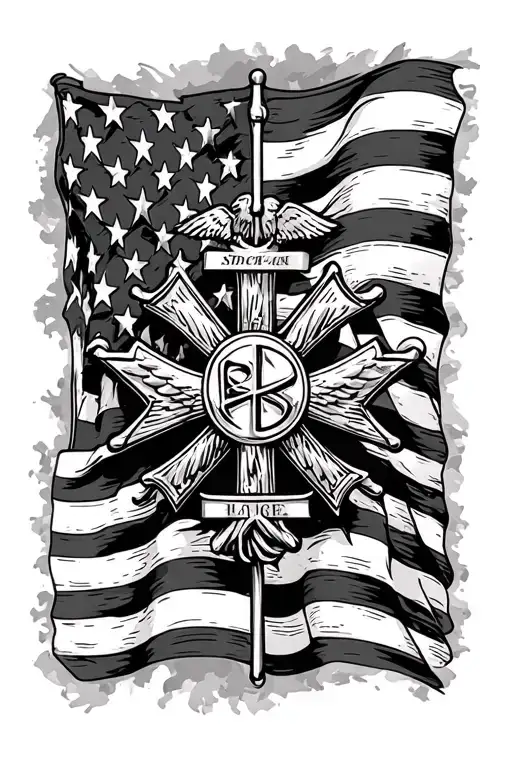 6 Point Badge Maltese Cross And Ems Star Of Lige Over American Flag