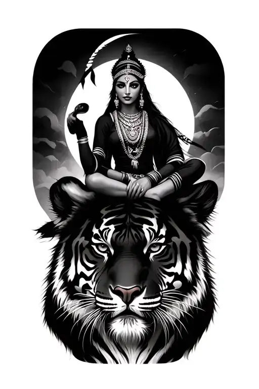 Kaali Sitting On Top Of A Tiger Surrounded