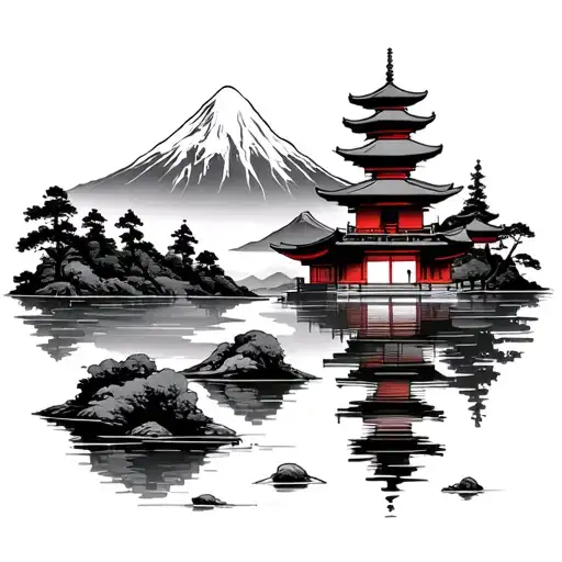 Japense Temple And Mountain Lake Scene
