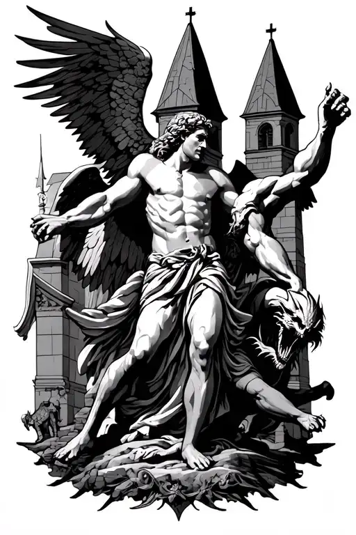 Archangel Michael Defeating Demon With Church Silhouette Behind Him
