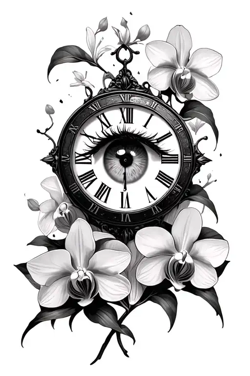 Damaged Roman Numeral Clock With An Eye In The Middle With Orchids In The Background