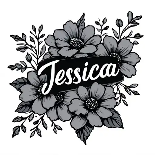 The Name Jessica On My Bicep With Flowers Going From My Shoulder To My Elbow