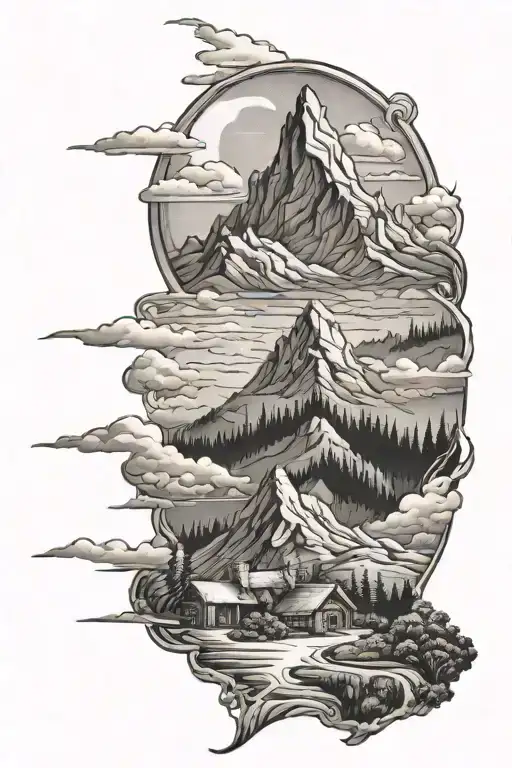 Rolling Hills Mountain Landscape Tattoo Featuring Lord Or The Rings Elements