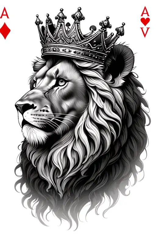 Realistic Lion In Crown And Poker Cards On Background
