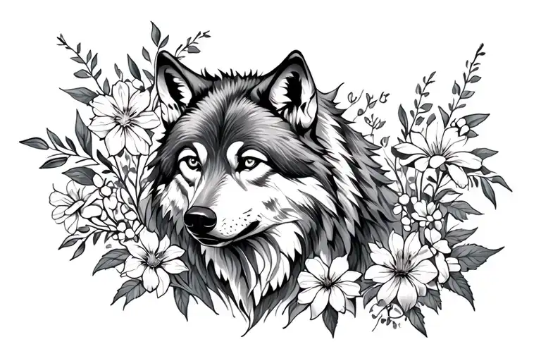 Wolf Surounded By Flowers Growing