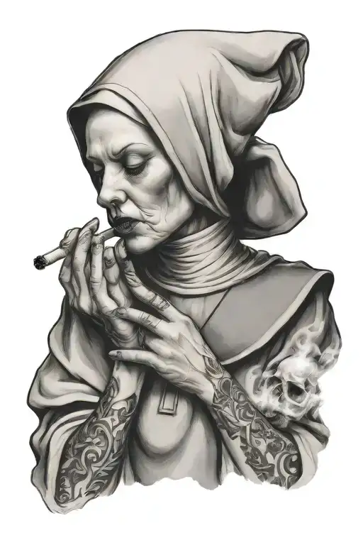 Beautiful Nun With A Cigarette In Her Hand Smokes And Blows Out Smoke