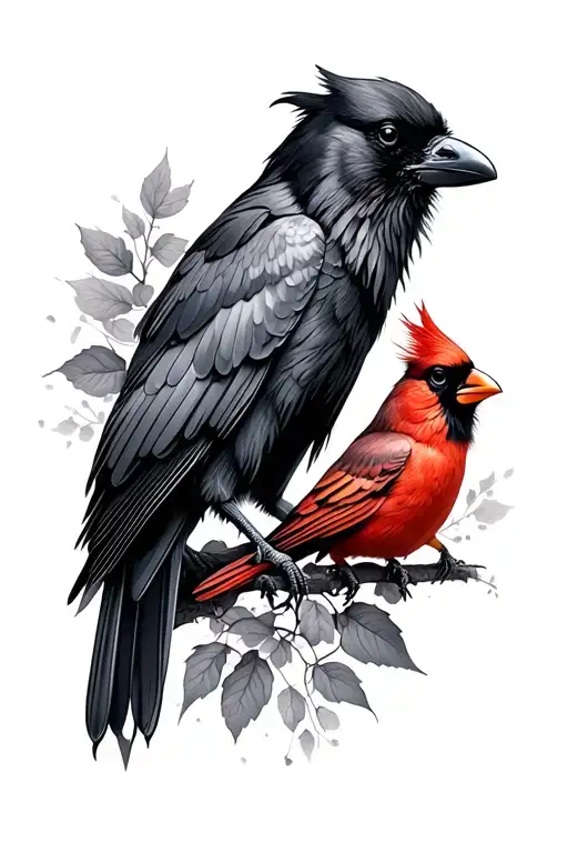 Black And Grey Hyper-realistic Style Tattoo Of A Raven And A Cardinal