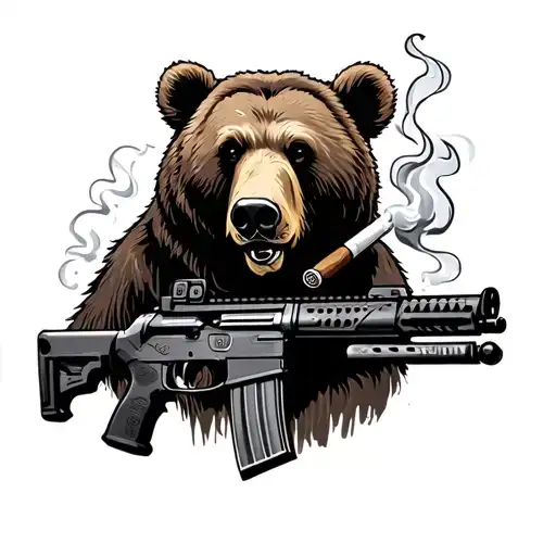 Bear Smoking Cigar With Ar 15 Rifle