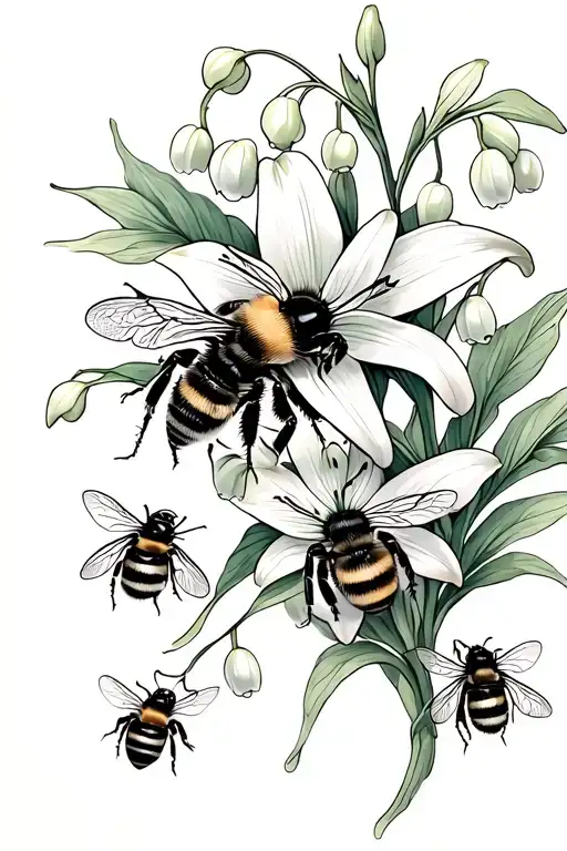 Three Bees Around Lily Of The Valley