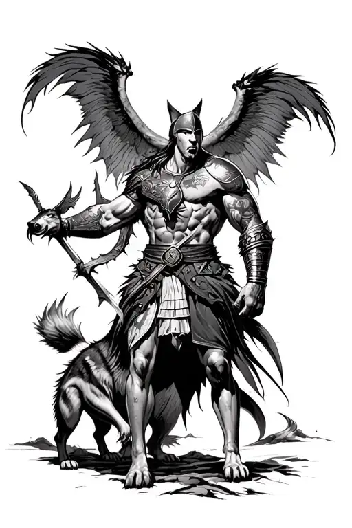 Spartan Warrior Battling Demons With A Wolf Standing